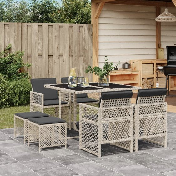 vidaXL 9-tlg. Garten-Essgruppe mit Kissen Schwarz Poly Rattan