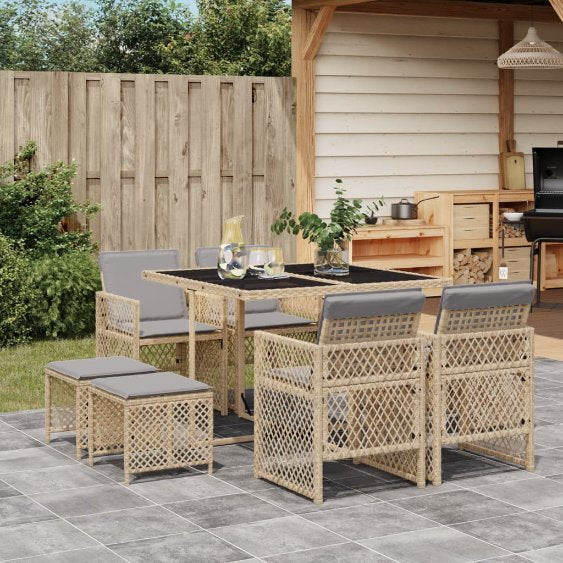 vidaXL 9-tlg. Garten-Essgruppe mit Kissen Schwarz Poly Rattan