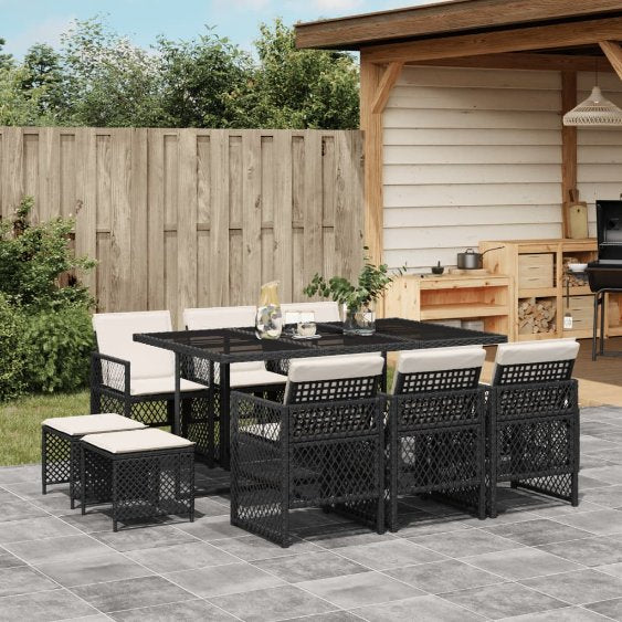 vidaXL 9-tlg. Garten-Essgruppe mit Kissen Schwarz Poly Rattan