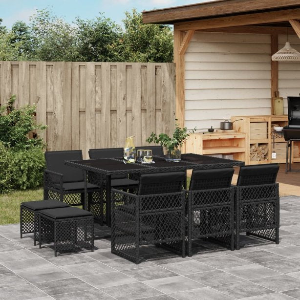 vidaXL 9-tlg. Garten-Essgruppe mit Kissen Schwarz Poly Rattan