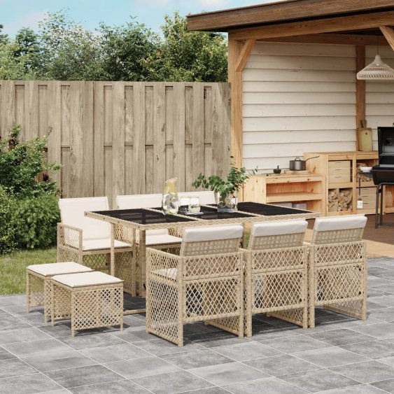 vidaXL 9-tlg. Garten-Essgruppe mit Kissen Schwarz Poly Rattan