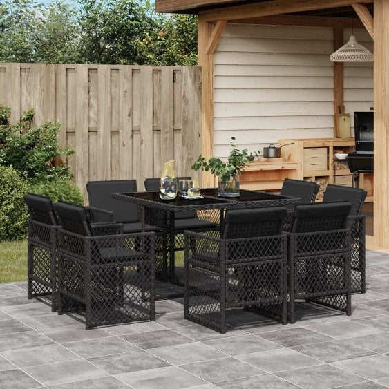 vidaXL 9-tlg. Garten-Essgruppe mit Kissen Schwarz Poly Rattan