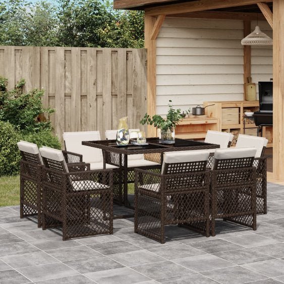 vidaXL 9-tlg. Garten-Essgruppe mit Kissen Schwarz Poly Rattan