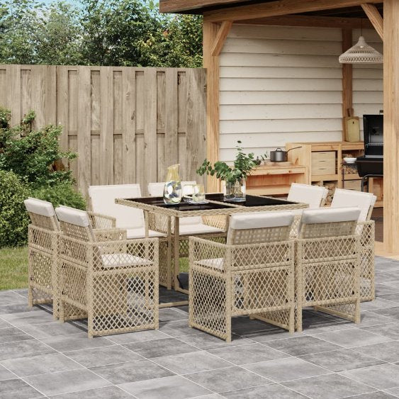 vidaXL 9-tlg. Garten-Essgruppe mit Kissen Schwarz Poly Rattan