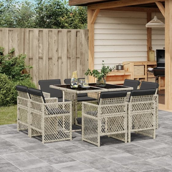 vidaXL 9-tlg. Garten-Essgruppe mit Kissen Schwarz Poly Rattan