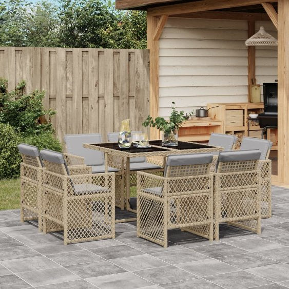 vidaXL 9-tlg. Garten-Essgruppe mit Kissen Schwarz Poly Rattan
