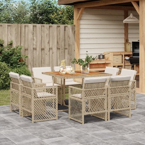 vidaXL 9-tlg. Garten-Essgruppe mit Kissen Schwarz Poly Rattan