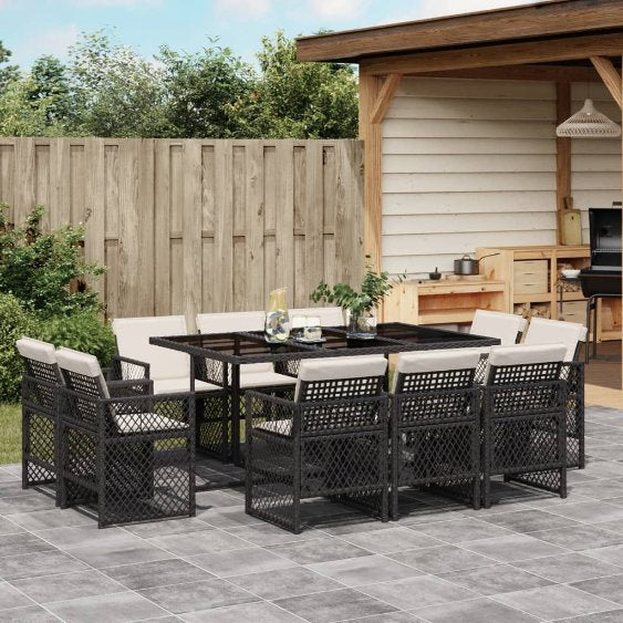 vidaXL 9-tlg. Garten-Essgruppe mit Kissen Schwarz Poly Rattan
