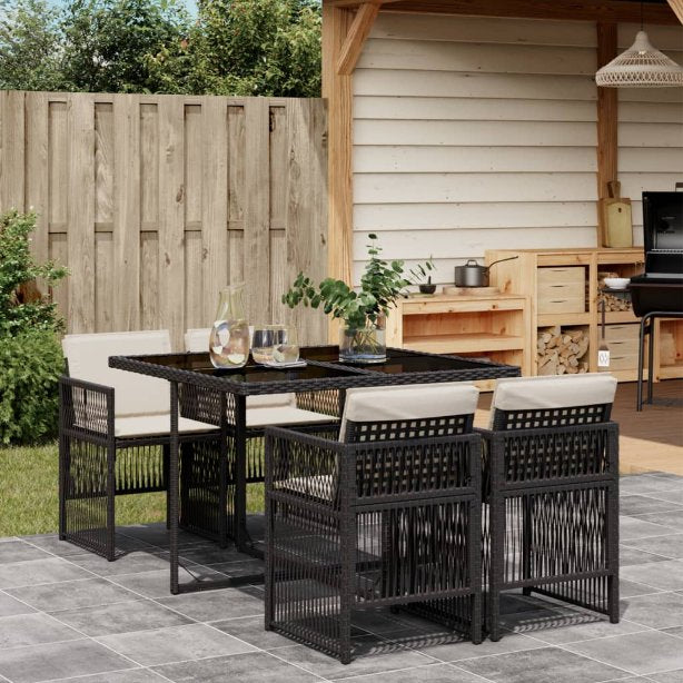 vidaXL 5-tlg. Garten-Essgruppe mit Kissen Schwarz Poly Rattan