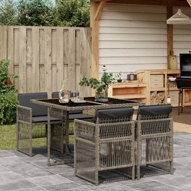 vidaXL 5-tlg. Garten-Essgruppe mit Kissen Schwarz Poly Rattan