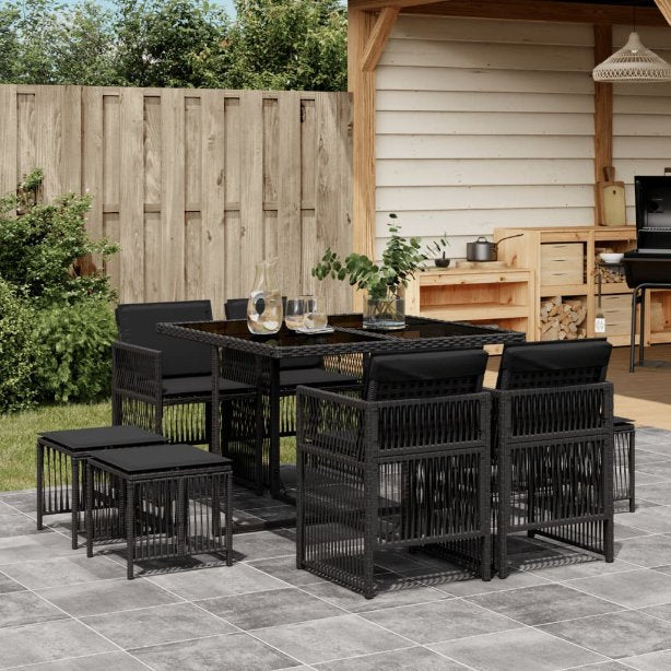 vidaXL 9-tlg. Garten-Essgruppe mit Kissen Schwarz Poly Rattan