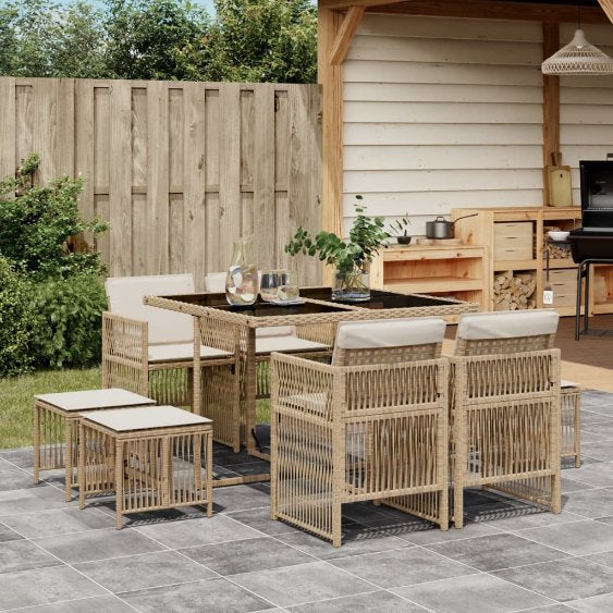 vidaXL 9-tlg. Garten-Essgruppe mit Kissen Schwarz Poly Rattan