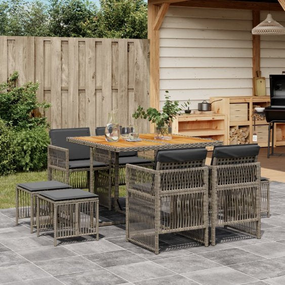vidaXL 9-tlg. Garten-Essgruppe mit Kissen Schwarz Poly Rattan