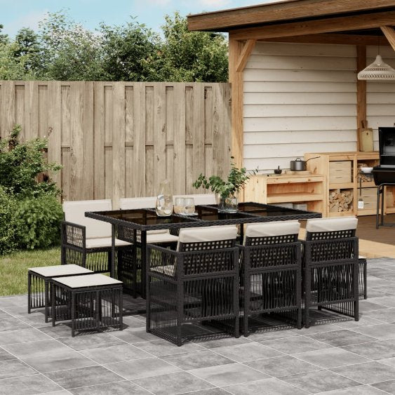 vidaXL 9-tlg. Garten-Essgruppe mit Kissen Schwarz Poly Rattan