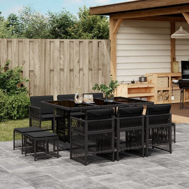vidaXL 9-tlg. Garten-Essgruppe mit Kissen Schwarz Poly Rattan