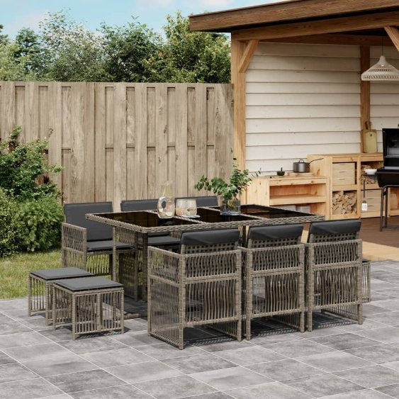 vidaXL 9-tlg. Garten-Essgruppe mit Kissen Schwarz Poly Rattan