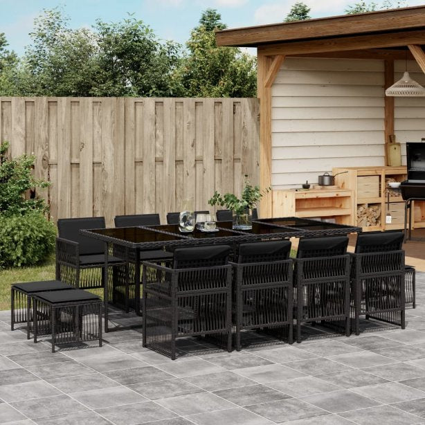 vidaXL 9-tlg. Garten-Essgruppe mit Kissen Schwarz Poly Rattan