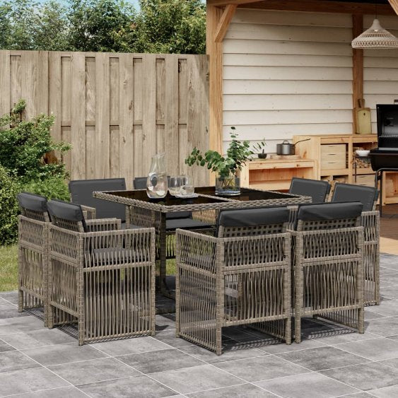 vidaXL 9-tlg. Garten-Essgruppe mit Kissen Schwarz Poly Rattan