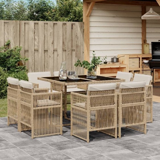 vidaXL 9-tlg. Garten-Essgruppe mit Kissen Schwarz Poly Rattan