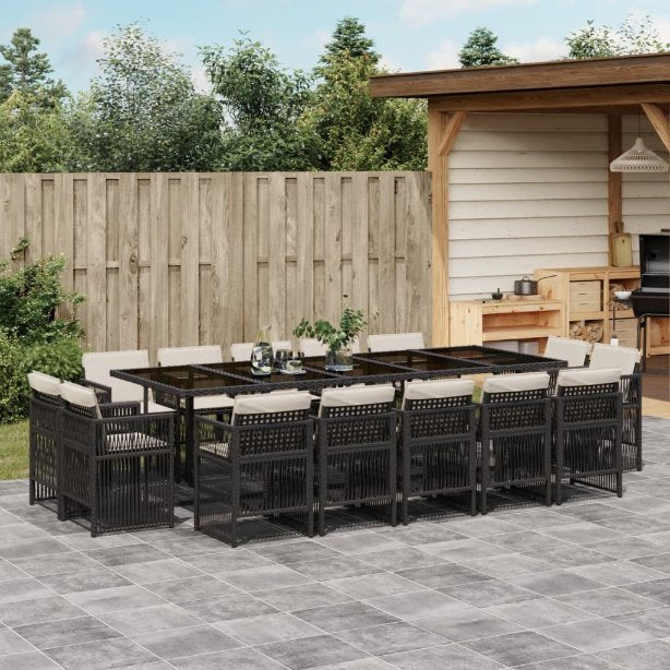 vidaXL 9-tlg. Garten-Essgruppe mit Kissen Schwarz Poly Rattan