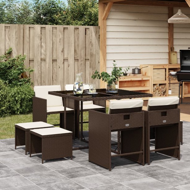 vidaXL 9-tlg. Garten-Essgruppe mit Kissen Schwarz Poly Rattan