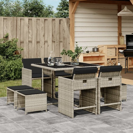 vidaXL 9-tlg. Garten-Essgruppe mit Kissen Schwarz Poly Rattan