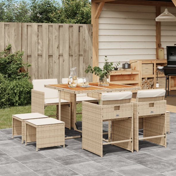 vidaXL 9-tlg. Garten-Essgruppe mit Kissen Schwarz Poly Rattan