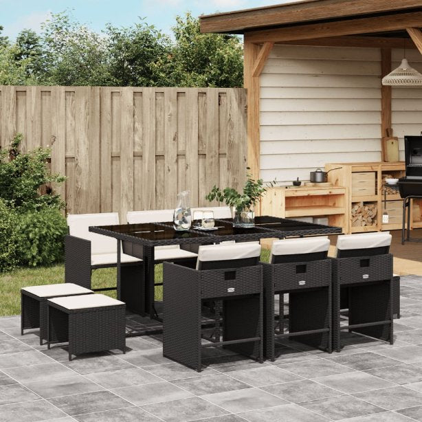 vidaXL 9-tlg. Garten-Essgruppe mit Kissen Schwarz Poly Rattan