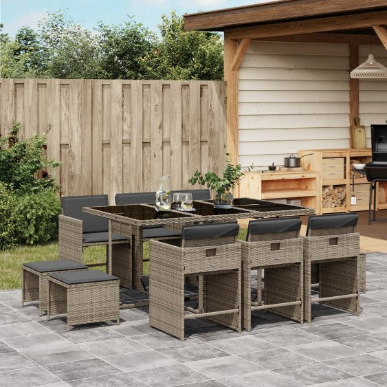 vidaXL 9-tlg. Garten-Essgruppe mit Kissen Schwarz Poly Rattan