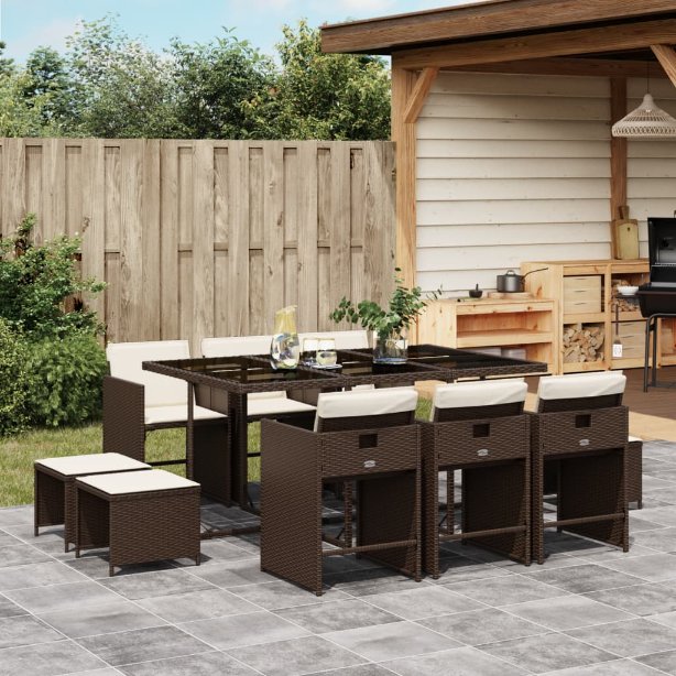 vidaXL 9-tlg. Garten-Essgruppe mit Kissen Schwarz Poly Rattan