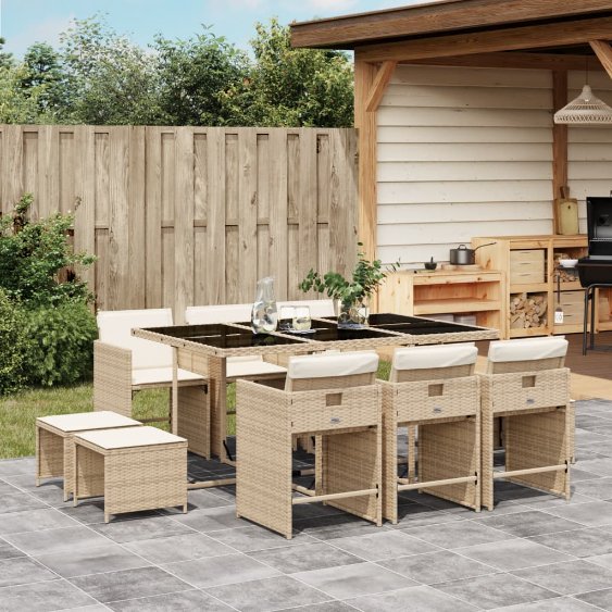 vidaXL 9-tlg. Garten-Essgruppe mit Kissen Schwarz Poly Rattan