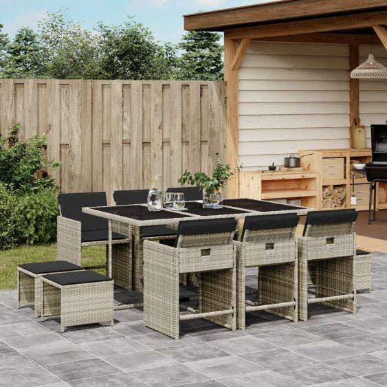 vidaXL 9-tlg. Garten-Essgruppe mit Kissen Schwarz Poly Rattan