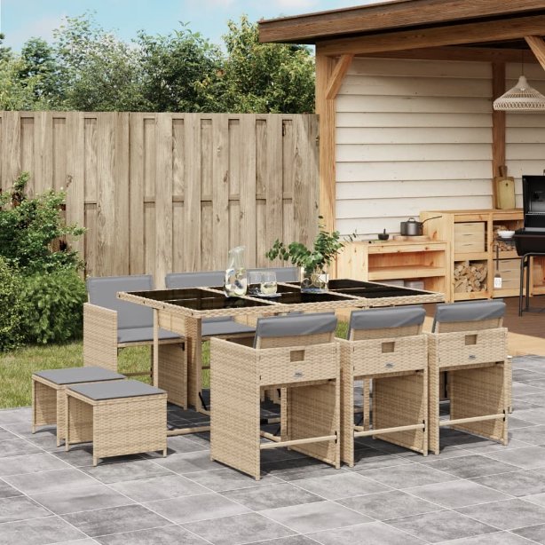 vidaXL 9-tlg. Garten-Essgruppe mit Kissen Schwarz Poly Rattan