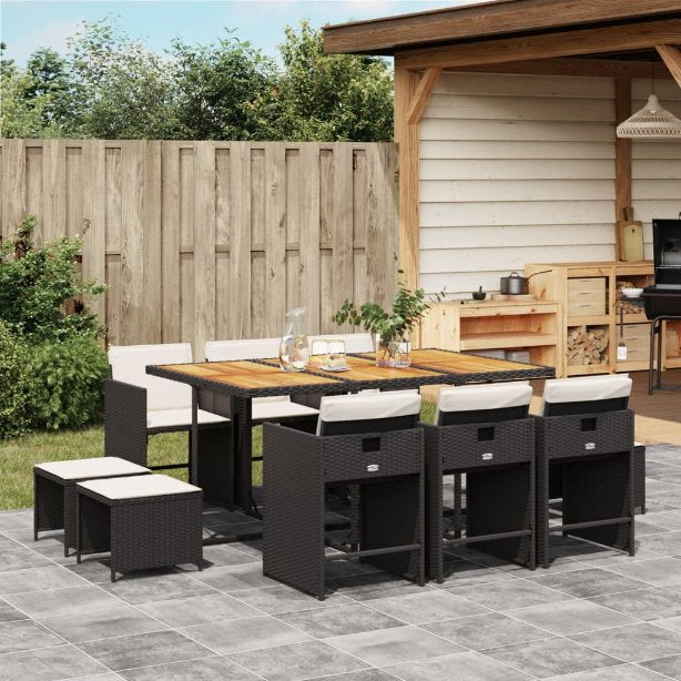 vidaXL 9-tlg. Garten-Essgruppe mit Kissen Schwarz Poly Rattan