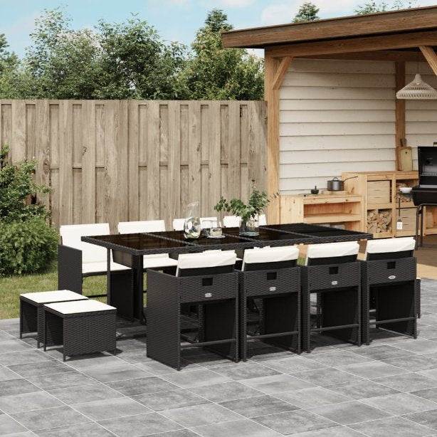 vidaXL 9-tlg. Garten-Essgruppe mit Kissen Schwarz Poly Rattan