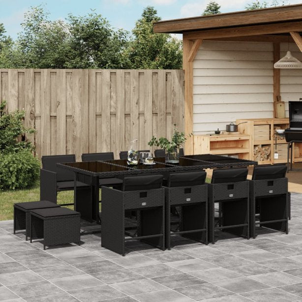 vidaXL 9-tlg. Garten-Essgruppe mit Kissen Schwarz Poly Rattan