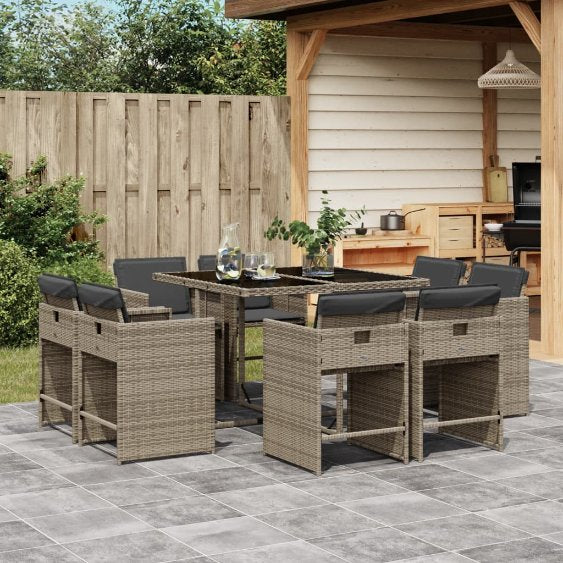 vidaXL 9-tlg. Garten-Essgruppe mit Kissen Schwarz Poly Rattan