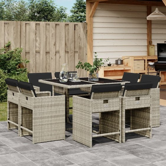 vidaXL 9-tlg. Garten-Essgruppe mit Kissen Schwarz Poly Rattan