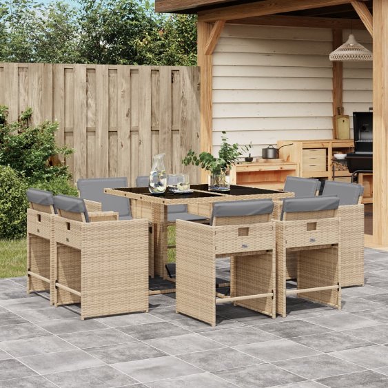 vidaXL 9-tlg. Garten-Essgruppe mit Kissen Schwarz Poly Rattan