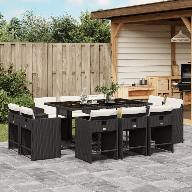 vidaXL 9-tlg. Garten-Essgruppe mit Kissen Schwarz Poly Rattan