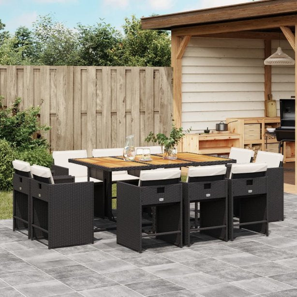 vidaXL 9-tlg. Garten-Essgruppe mit Kissen Schwarz Poly Rattan