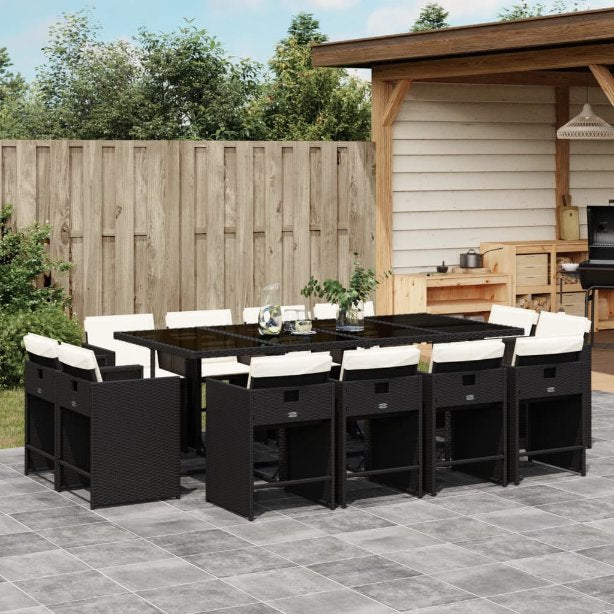 vidaXL 9-tlg. Garten-Essgruppe mit Kissen Schwarz Poly Rattan
