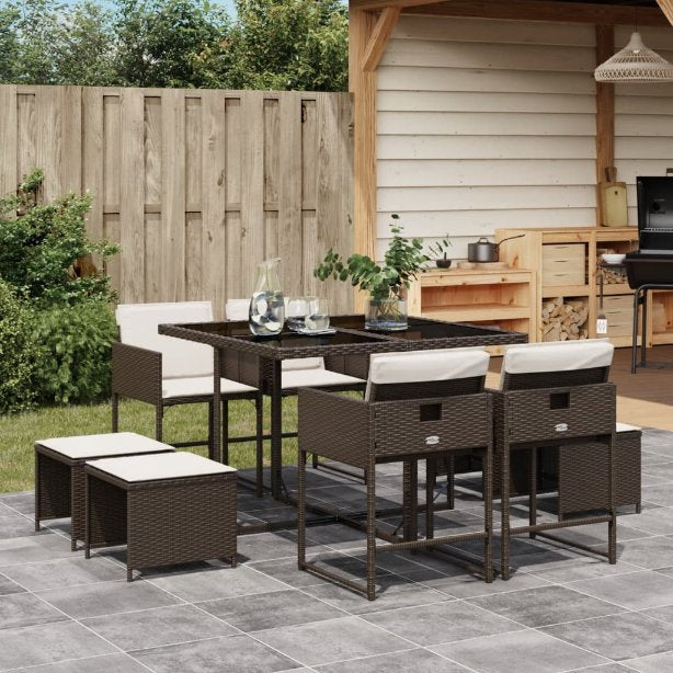 vidaXL 9-tlg. Garten-Essgruppe mit Kissen Schwarz Poly Rattan