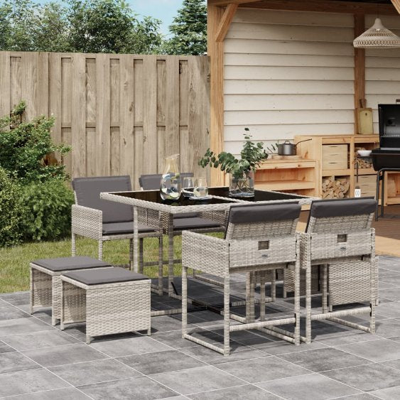 vidaXL 9-tlg. Garten-Essgruppe mit Kissen Schwarz Poly Rattan