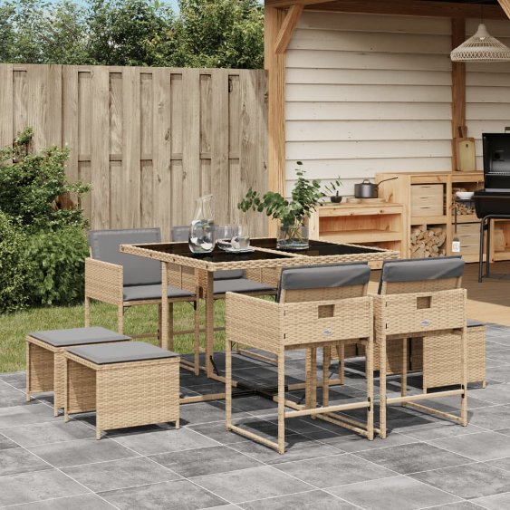 vidaXL 9-tlg. Garten-Essgruppe mit Kissen Schwarz Poly Rattan