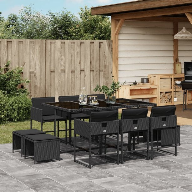 vidaXL 9-tlg. Garten-Essgruppe mit Kissen Schwarz Poly Rattan
