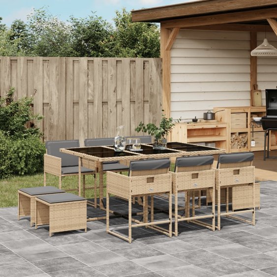 vidaXL 9-tlg. Garten-Essgruppe mit Kissen Schwarz Poly Rattan