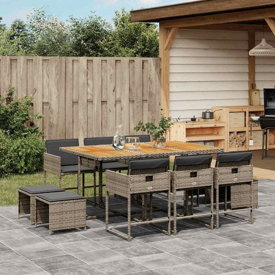 vidaXL 9-tlg. Garten-Essgruppe mit Kissen Schwarz Poly Rattan