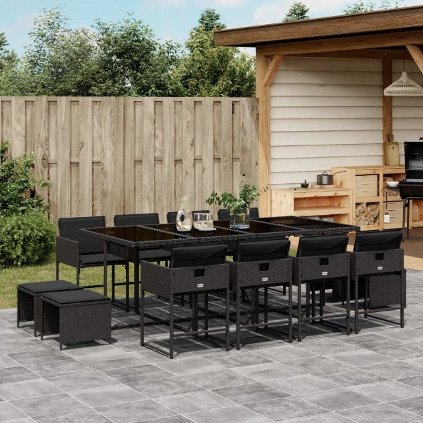 vidaXL 9-tlg. Garten-Essgruppe mit Kissen Schwarz Poly Rattan