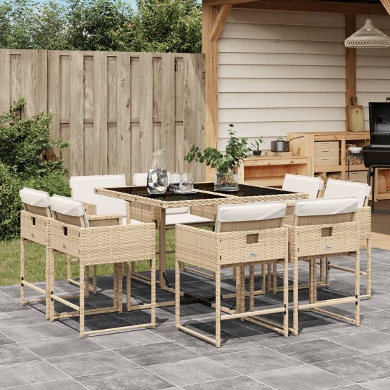 vidaXL 9-tlg. Garten-Essgruppe mit Kissen Schwarz Poly Rattan
